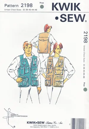 Kwik Sew 2198 UNISEX Mens Womens Canvas Utility Safari Sports Fishing Vest 1990s Vintage Sewing Pattern Chest 32 - 48 UNCUT Factory Folded