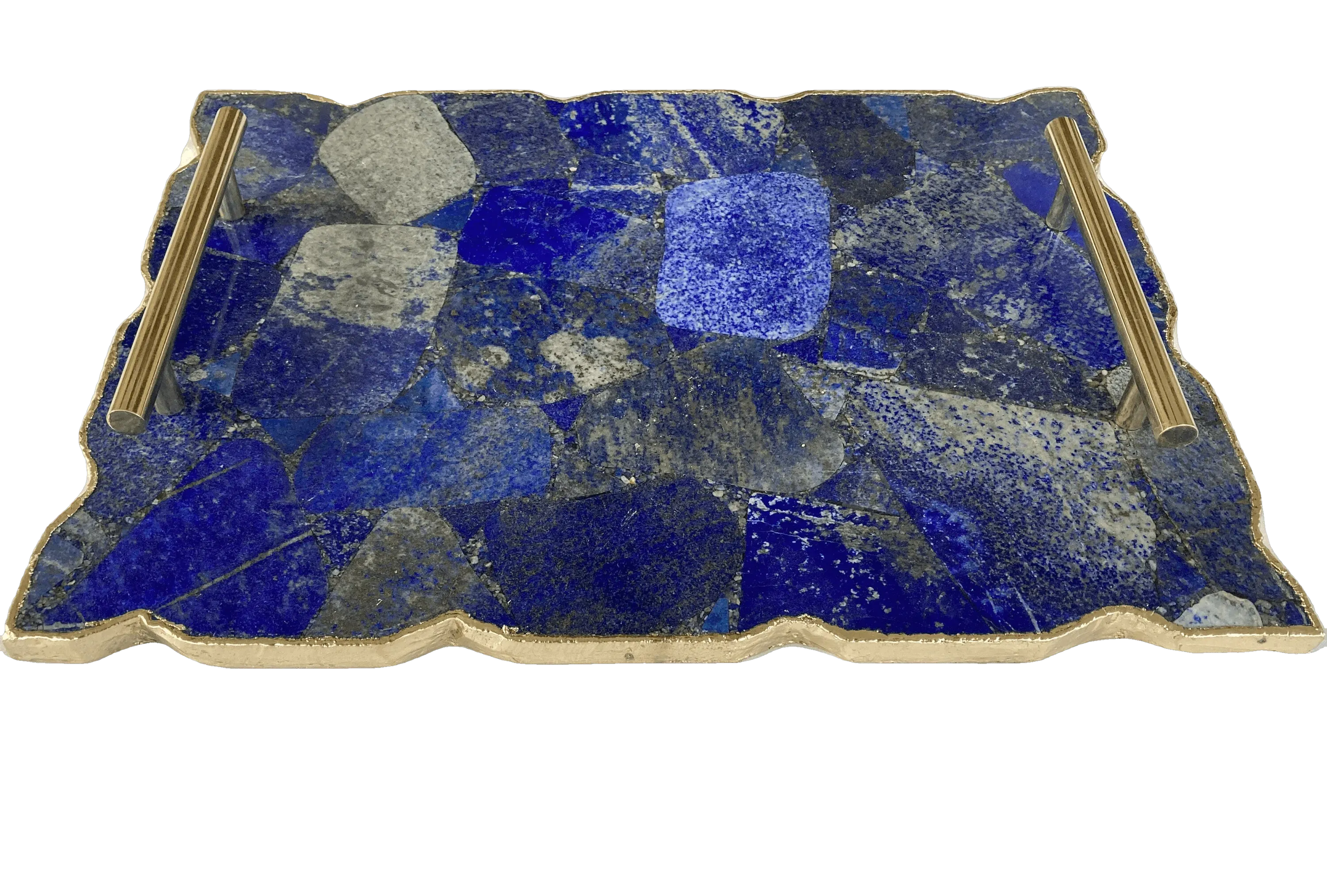 Large Lapis Lazuli Serving Tray With Plain Modern Brass Handles