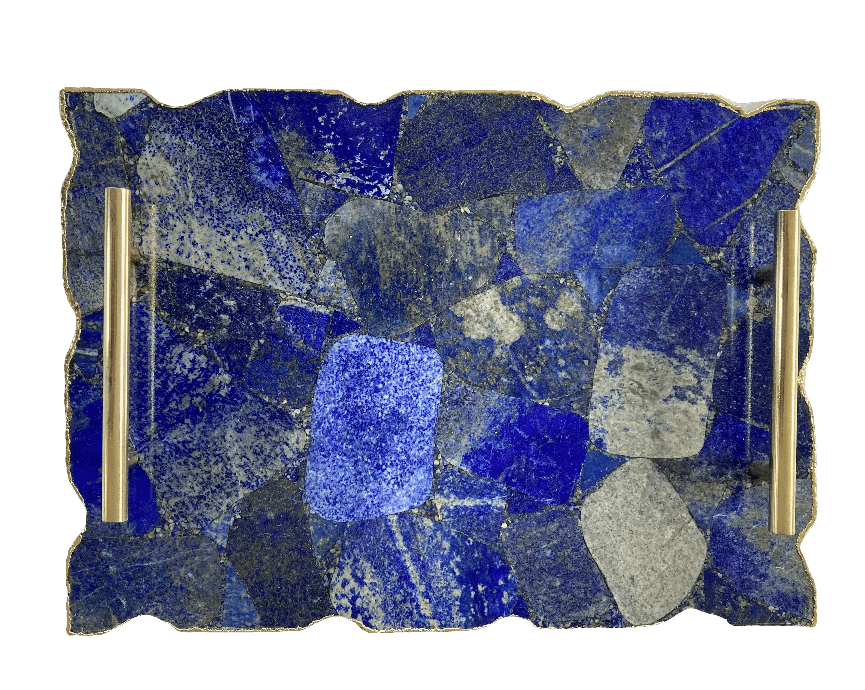 Large Lapis Lazuli Serving Tray With Plain Modern Brass Handles