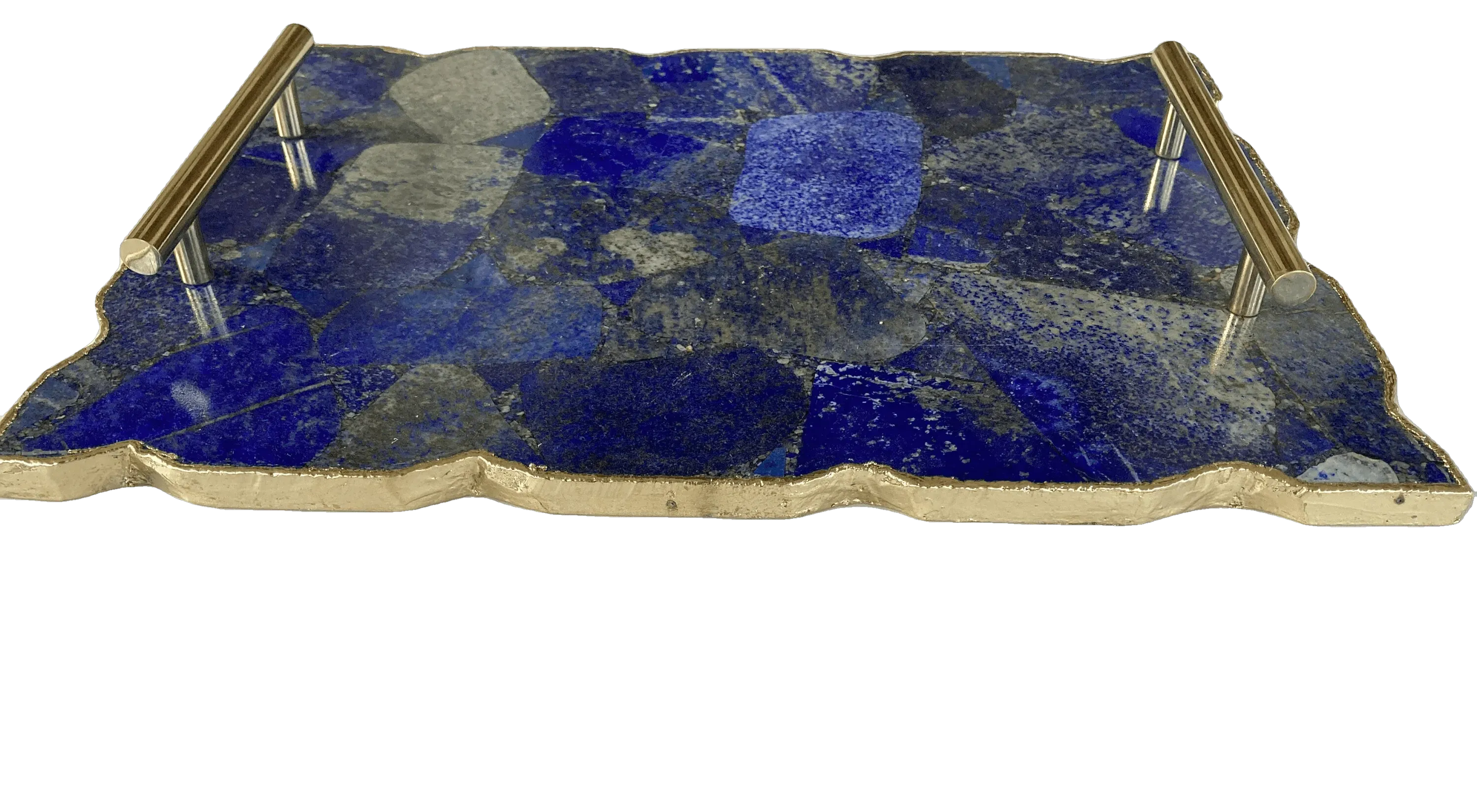 Large Lapis Lazuli Serving Tray With Plain Modern Brass Handles