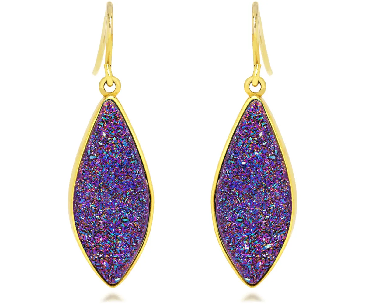 Large Marquise Purple Rainbow Druzy 14k Vermeil Earrings