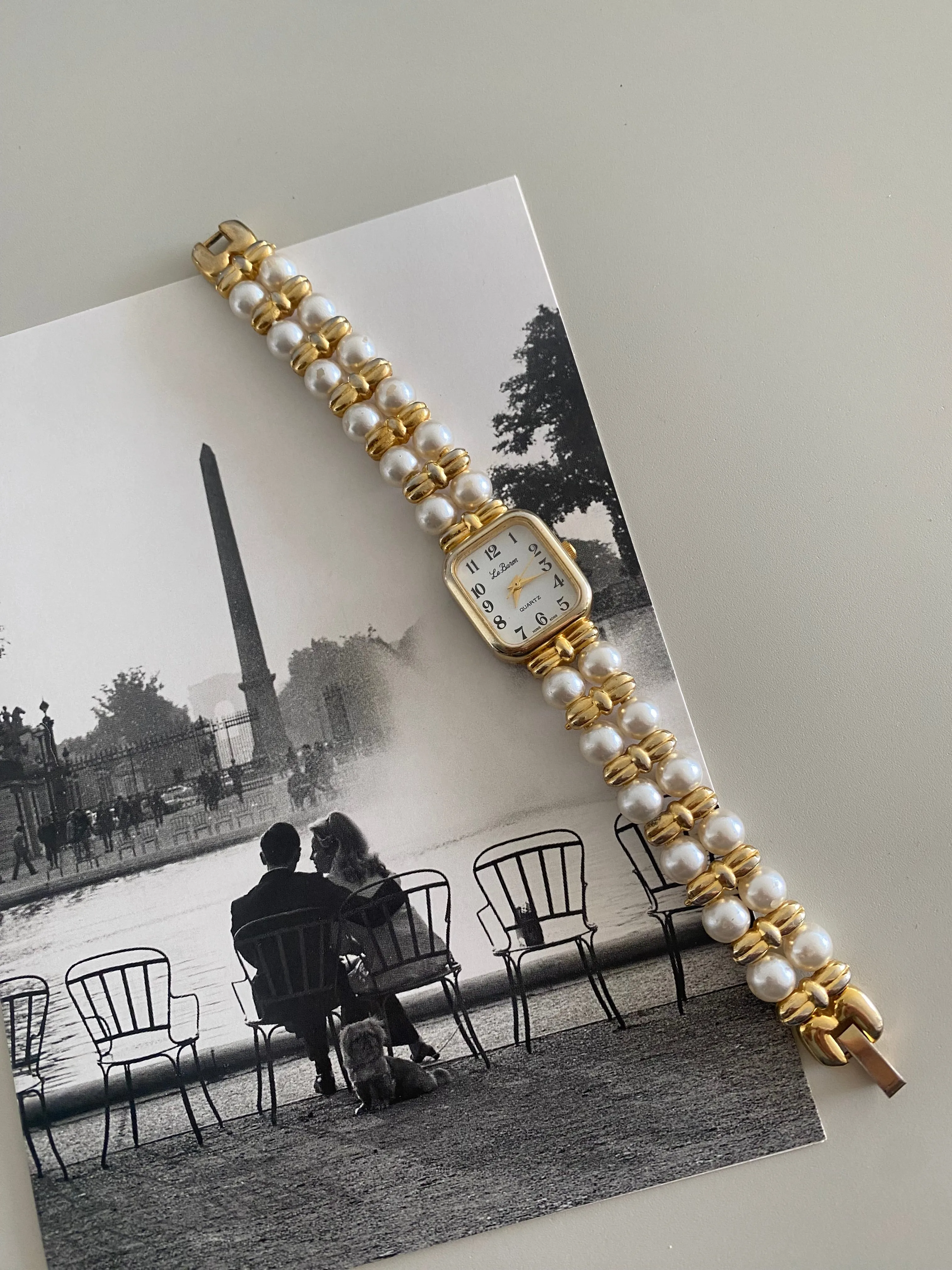 Le Baron Gold Tone Faux Pearls Watch from the 1980s