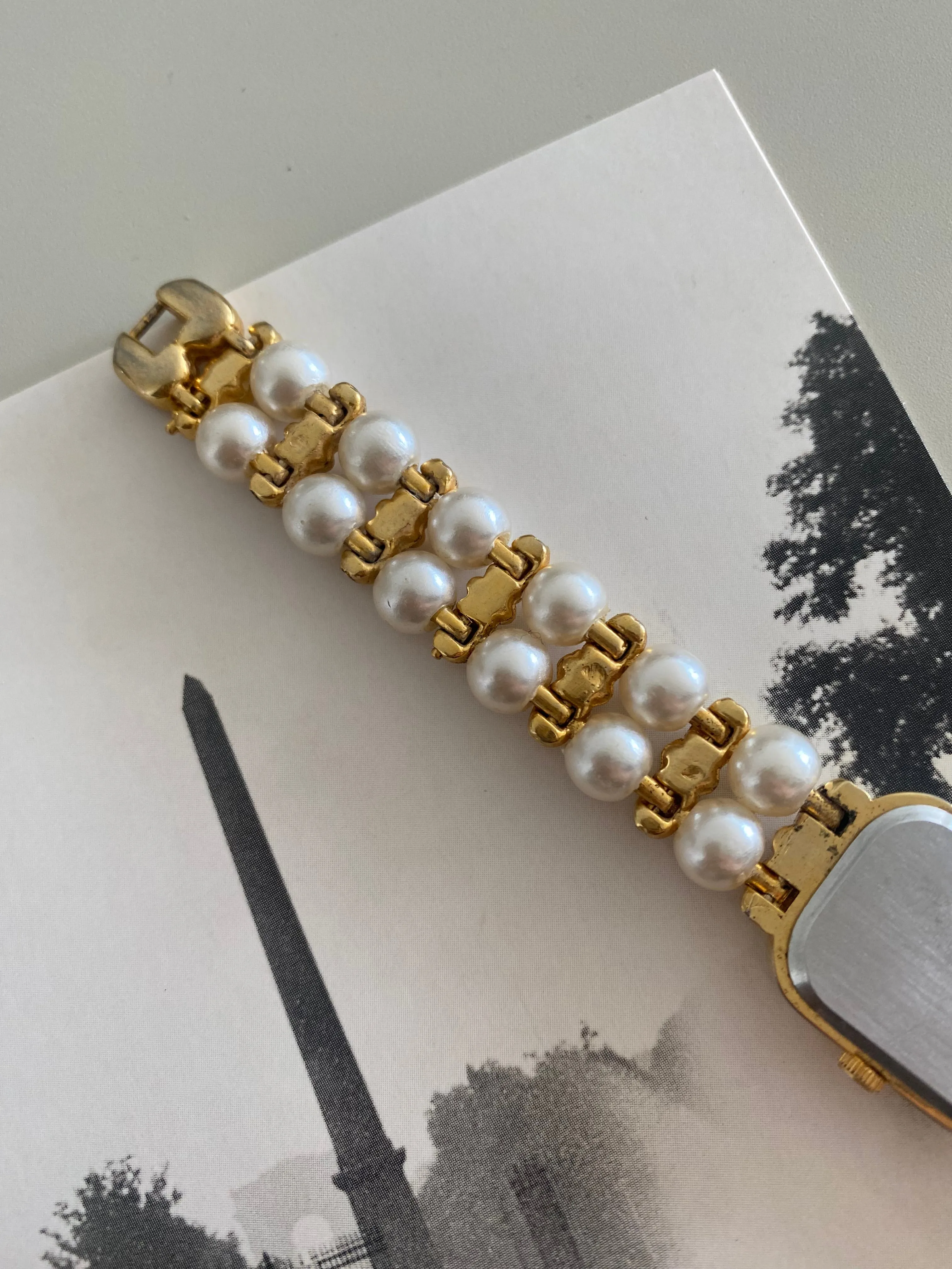Le Baron Gold Tone Faux Pearls Watch from the 1980s