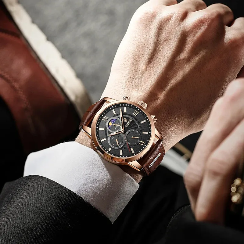 Leather Chrono Waterproof Men's Watch