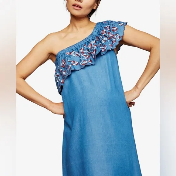 LED One Shoulder Embroidered Beaded Chambray Dress