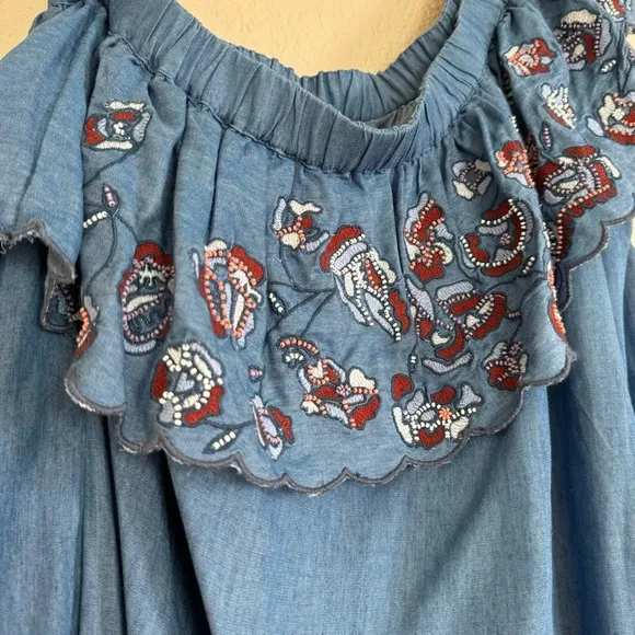 LED One Shoulder Embroidered Beaded Chambray Dress