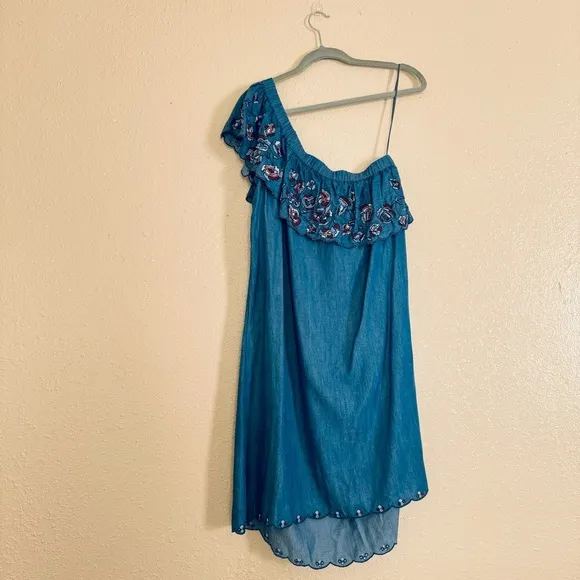 LED One Shoulder Embroidered Beaded Chambray Dress