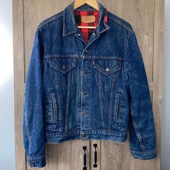 Levi Strauss&amp;Co Vintage 100% Cotton Pocket Red Flannel Lined Jean Jacket Size 42