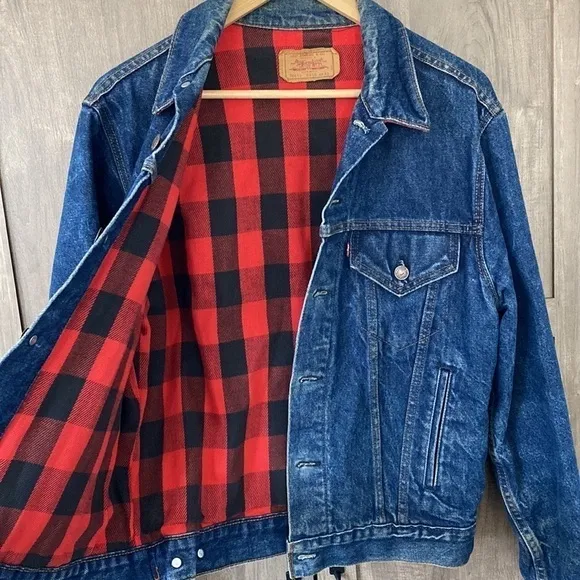 Levi Strauss&amp;Co Vintage 100% Cotton Pocket Red Flannel Lined Jean Jacket Size 42