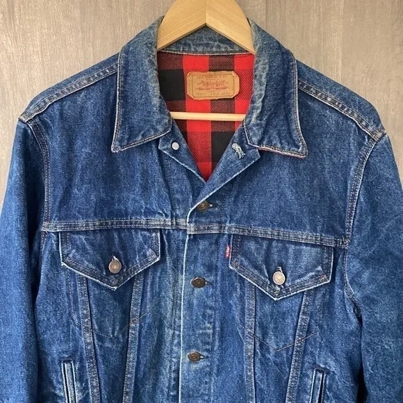Levi Strauss&amp;Co Vintage 100% Cotton Pocket Red Flannel Lined Jean Jacket Size 42