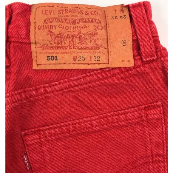 Levis 501 For Women 25x32 Red Jeans Vintage Button Fly Straight Leg Made In USA