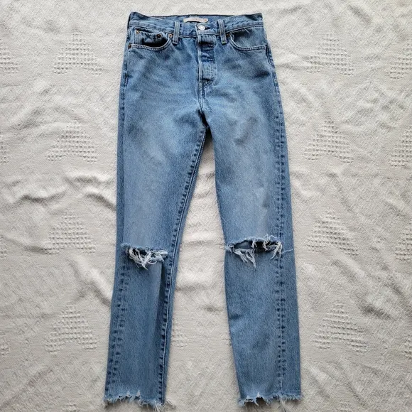 Levi's Wedgie Distressed Knee High Waisted 100% Cotton Denim Jeans- Medium Wash