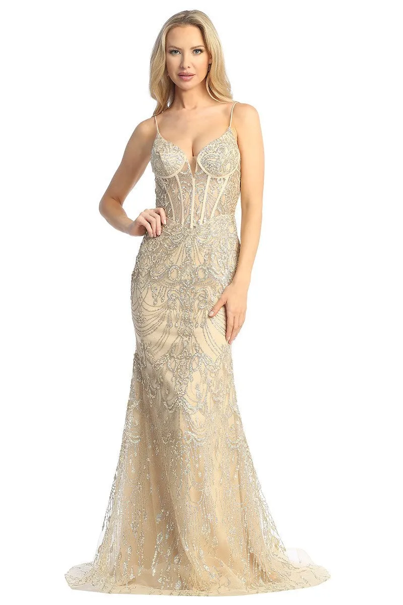 LF 7872 - Glitter Detailed Fit & Flare Prom Gown with Sheer Corset Bodice & Open Lace Up Back