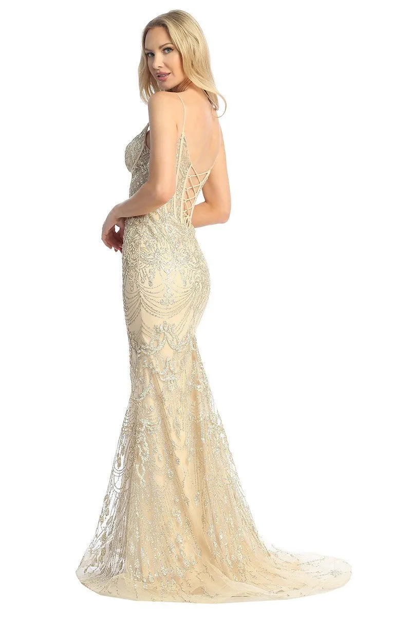 LF 7872 - Glitter Detailed Fit & Flare Prom Gown with Sheer Corset Bodice & Open Lace Up Back