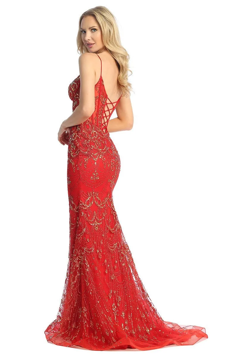 LF 7872 - Glitter Detailed Fit & Flare Prom Gown with Sheer Corset Bodice & Open Lace Up Back