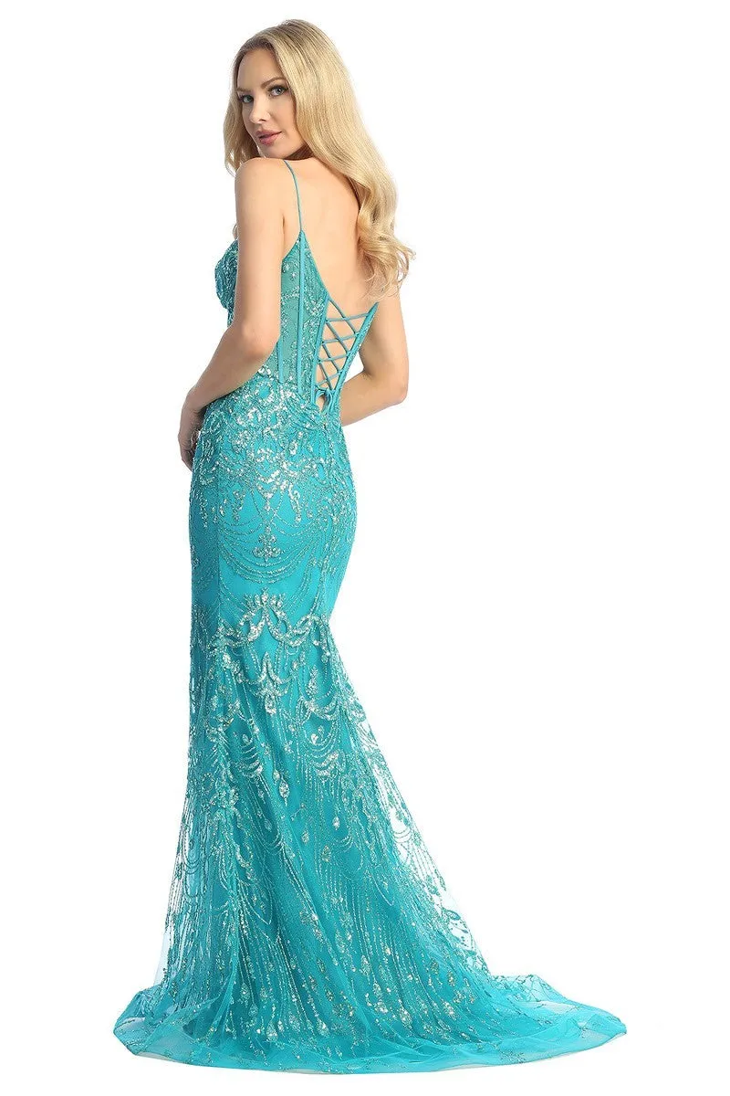 LF 7872 - Glitter Detailed Fit & Flare Prom Gown with Sheer Corset Bodice & Open Lace Up Back
