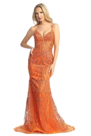 LF 7872 - Glitter Detailed Fit & Flare Prom Gown with Sheer Corset Bodice & Open Lace Up Back