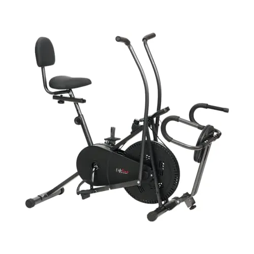 Life Line Fitness LE-103BST 4 In 1 Air Bike Exercise Cycle with Moving and Stationary Handles, Twister & Pushup Bar with Back Support, Vertically & Horizontally Adjustable Seat (Metallic Grey)
