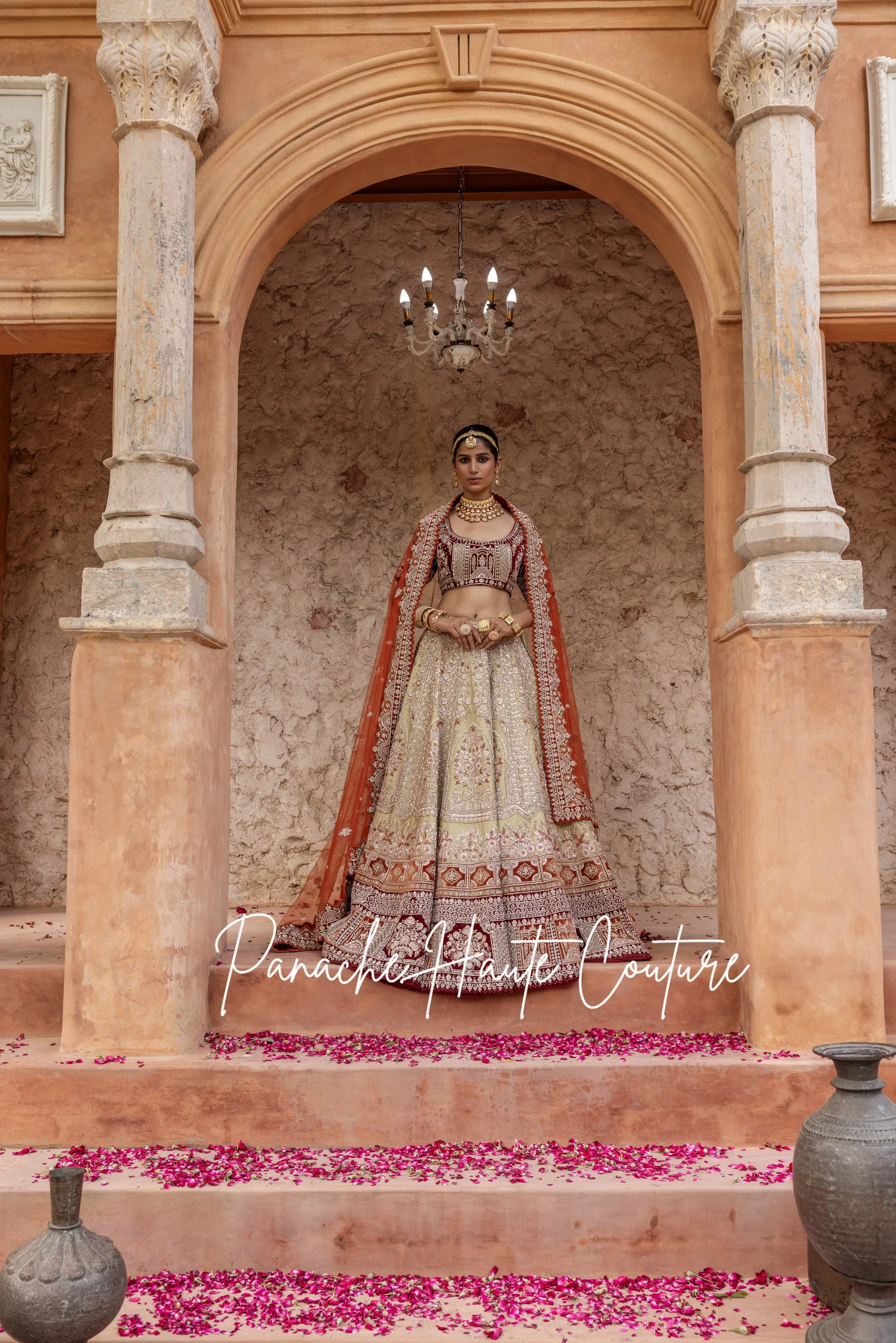 Light Green Lehenga with Maroon & Rust Velvet Borders DILRAS