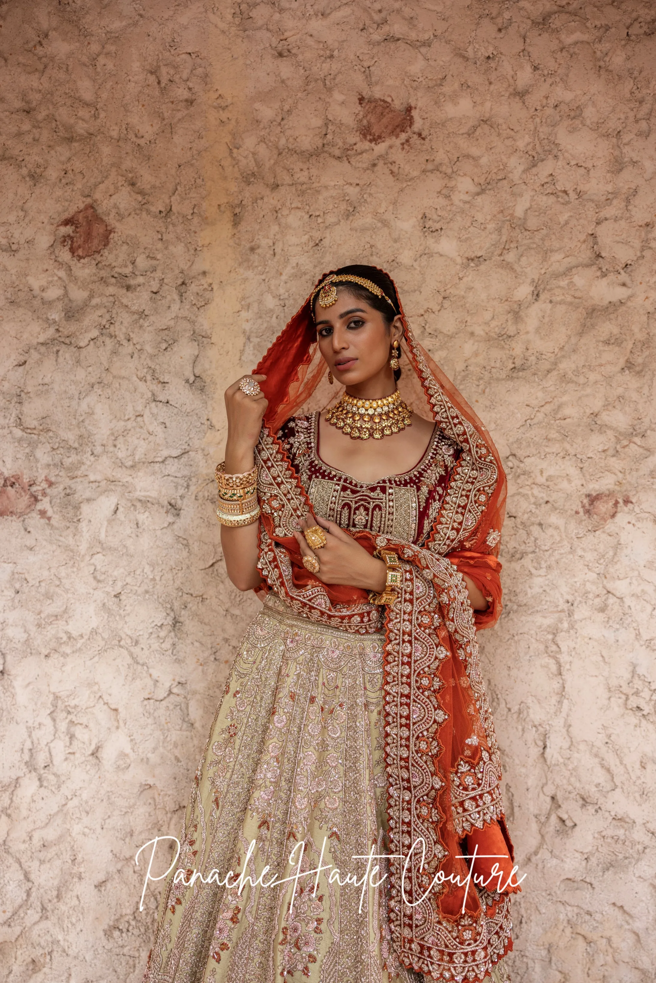 Light Green Lehenga with Maroon & Rust Velvet Borders DILRAS