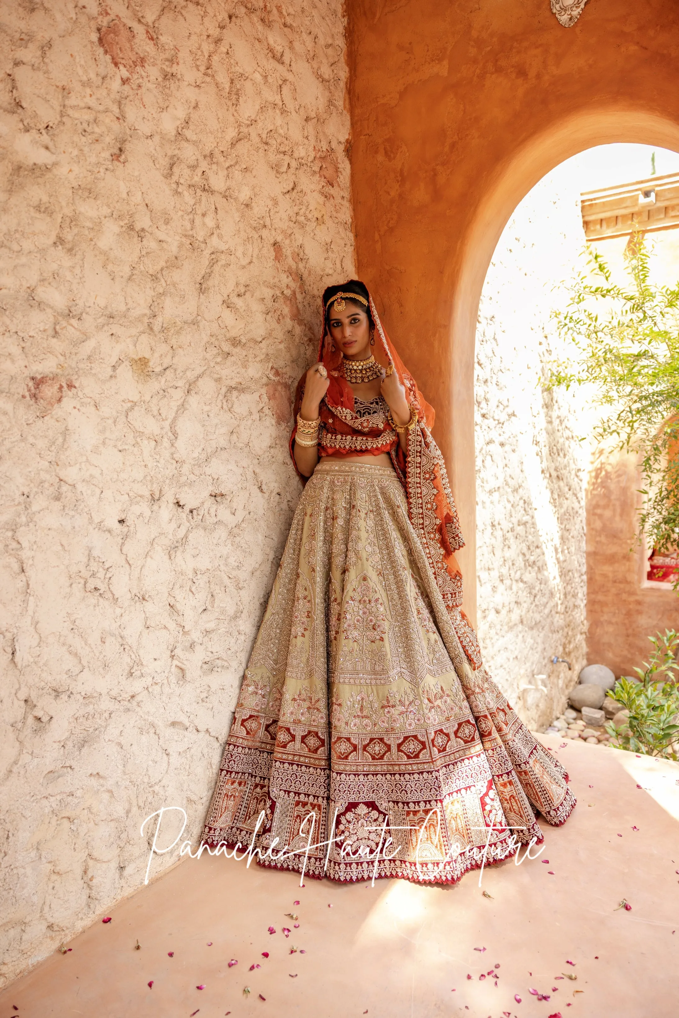 Light Green Lehenga with Maroon & Rust Velvet Borders DILRAS
