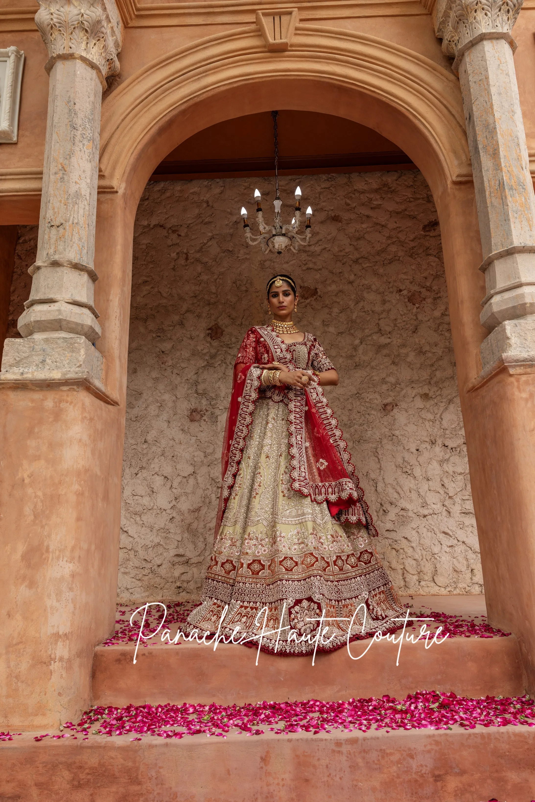 Light Green Lehenga with Maroon & Rust Velvet Borders DILRAS