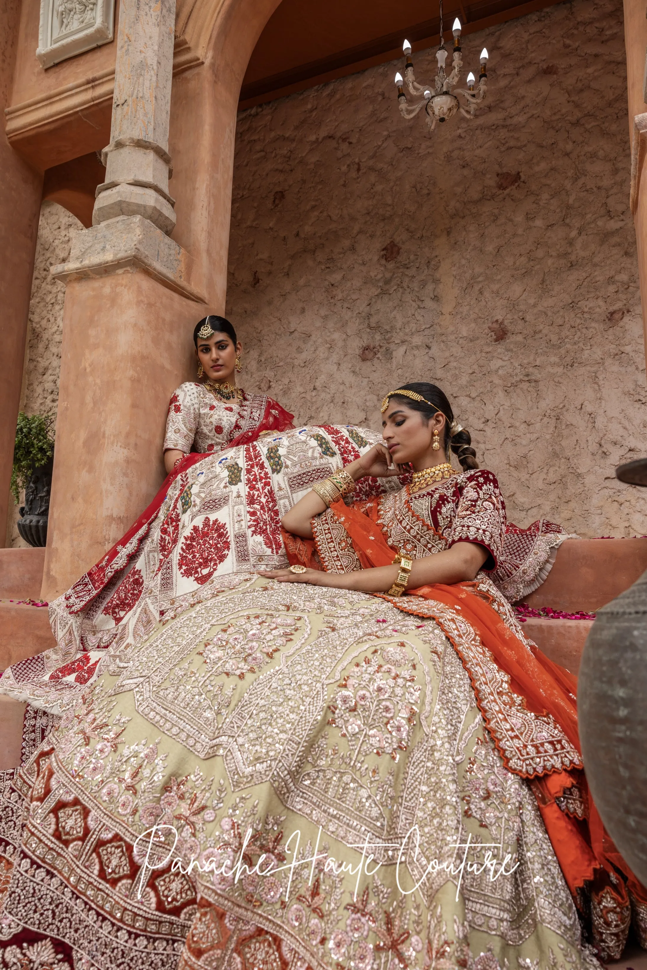 Light Green Lehenga with Maroon & Rust Velvet Borders DILRAS