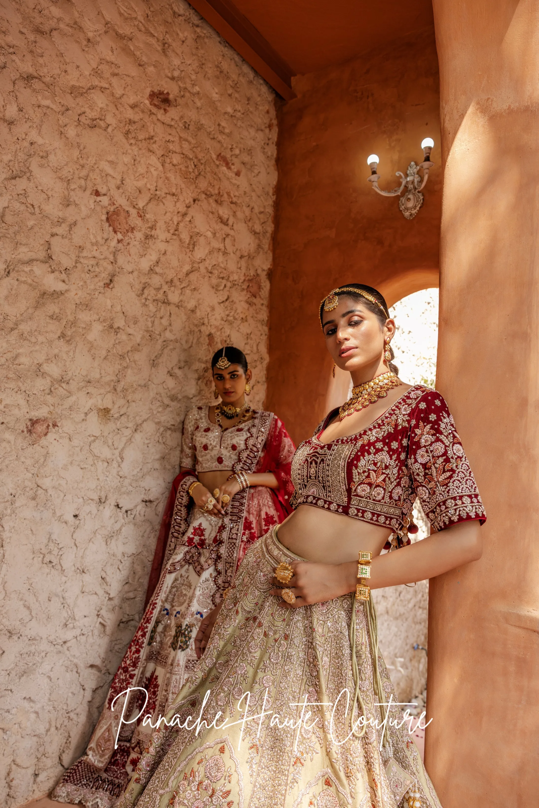 Light Green Lehenga with Maroon & Rust Velvet Borders DILRAS