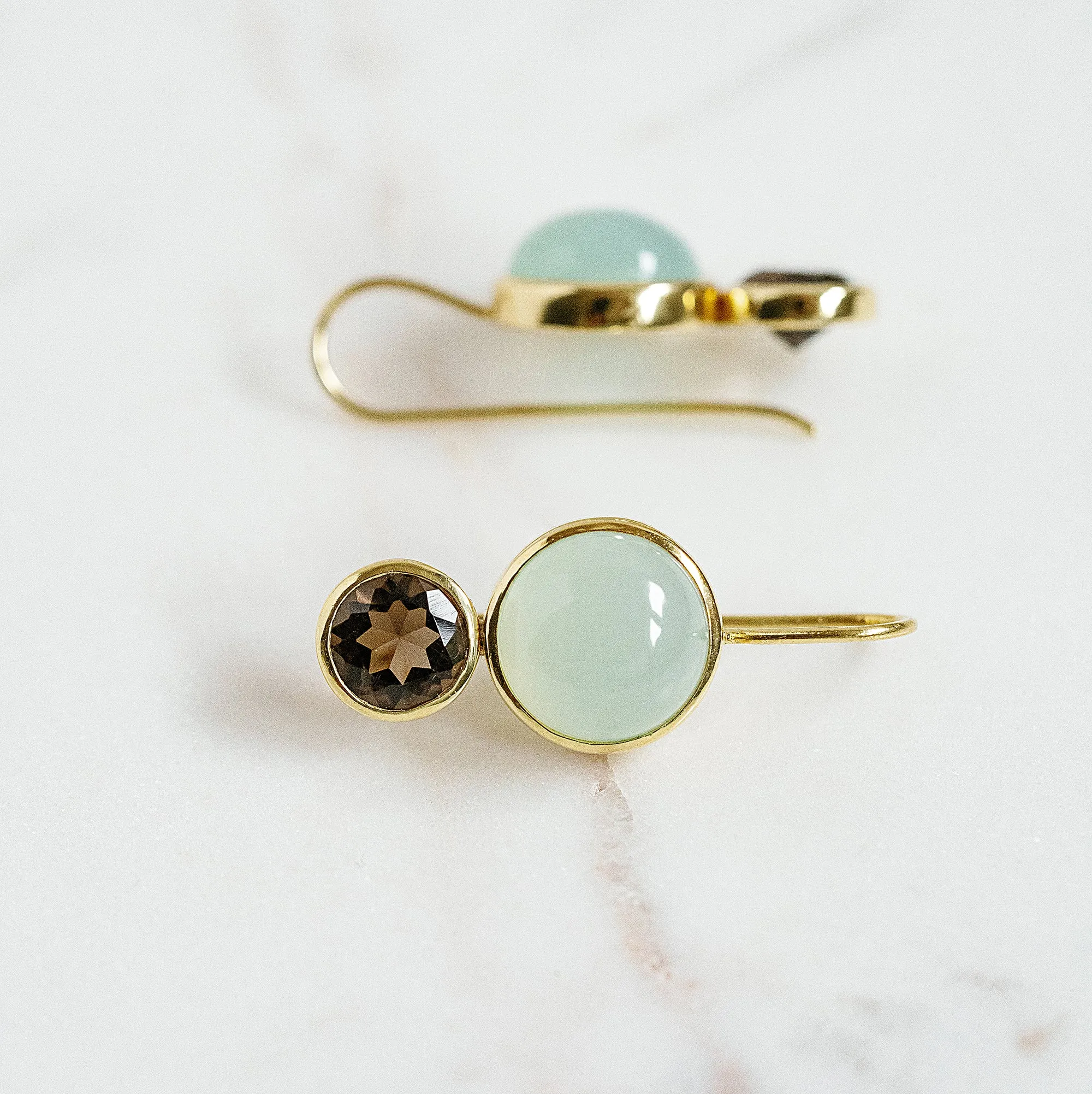 Little Color Block Drop Earrings in Aqua Chalcedony and Faceted Smoky Quartz