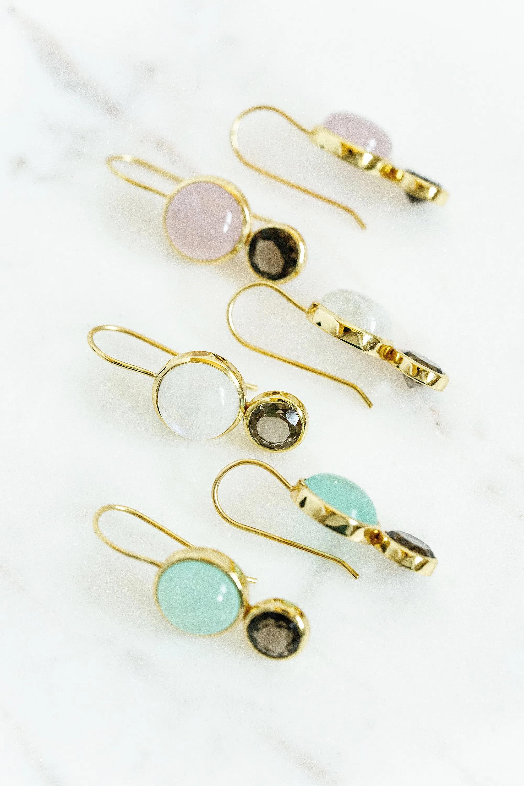 Little Color Block Drop Earrings in Rainbow Moonstone and Faceted Smoky Quartz