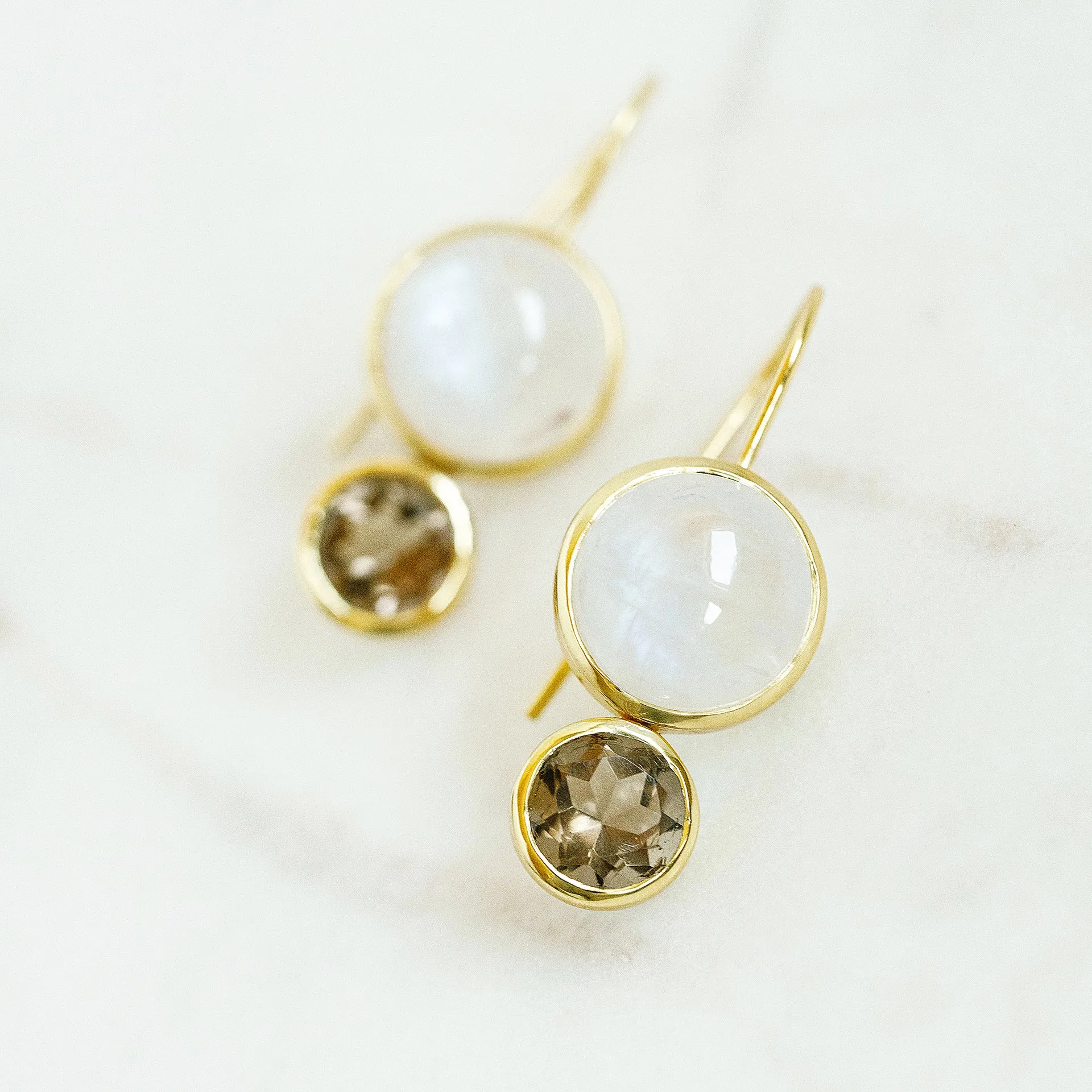 Little Color Block Drop Earrings in Rainbow Moonstone and Faceted Smoky Quartz