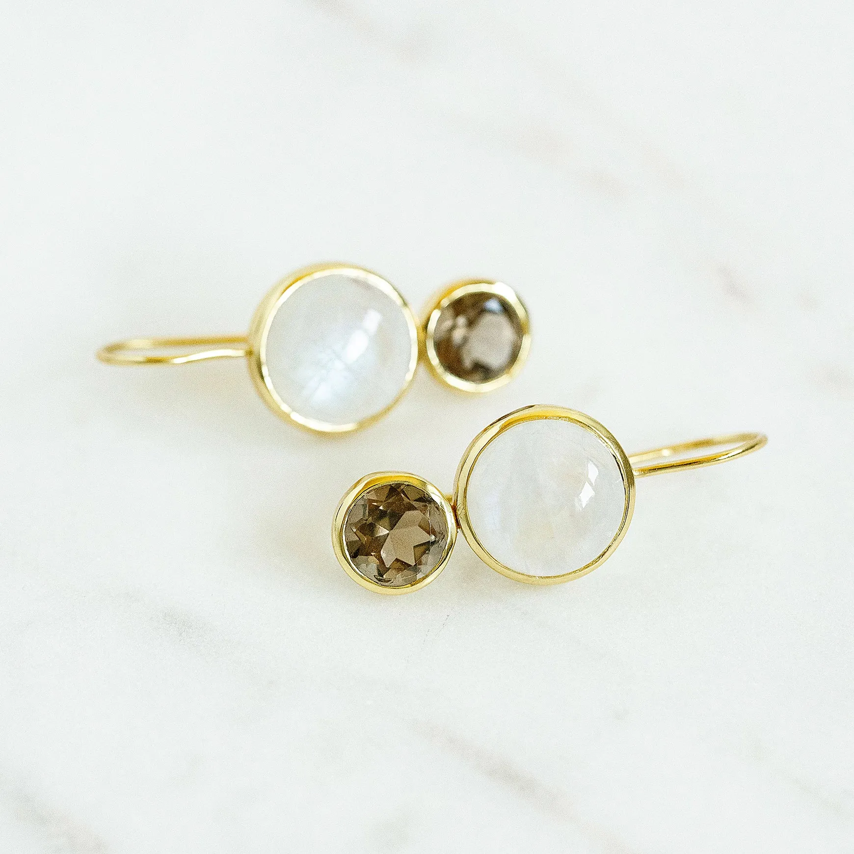 Little Color Block Drop Earrings in Rainbow Moonstone and Faceted Smoky Quartz
