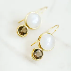 Little Color Block Drop Earrings in Rainbow Moonstone and Faceted Smoky Quartz