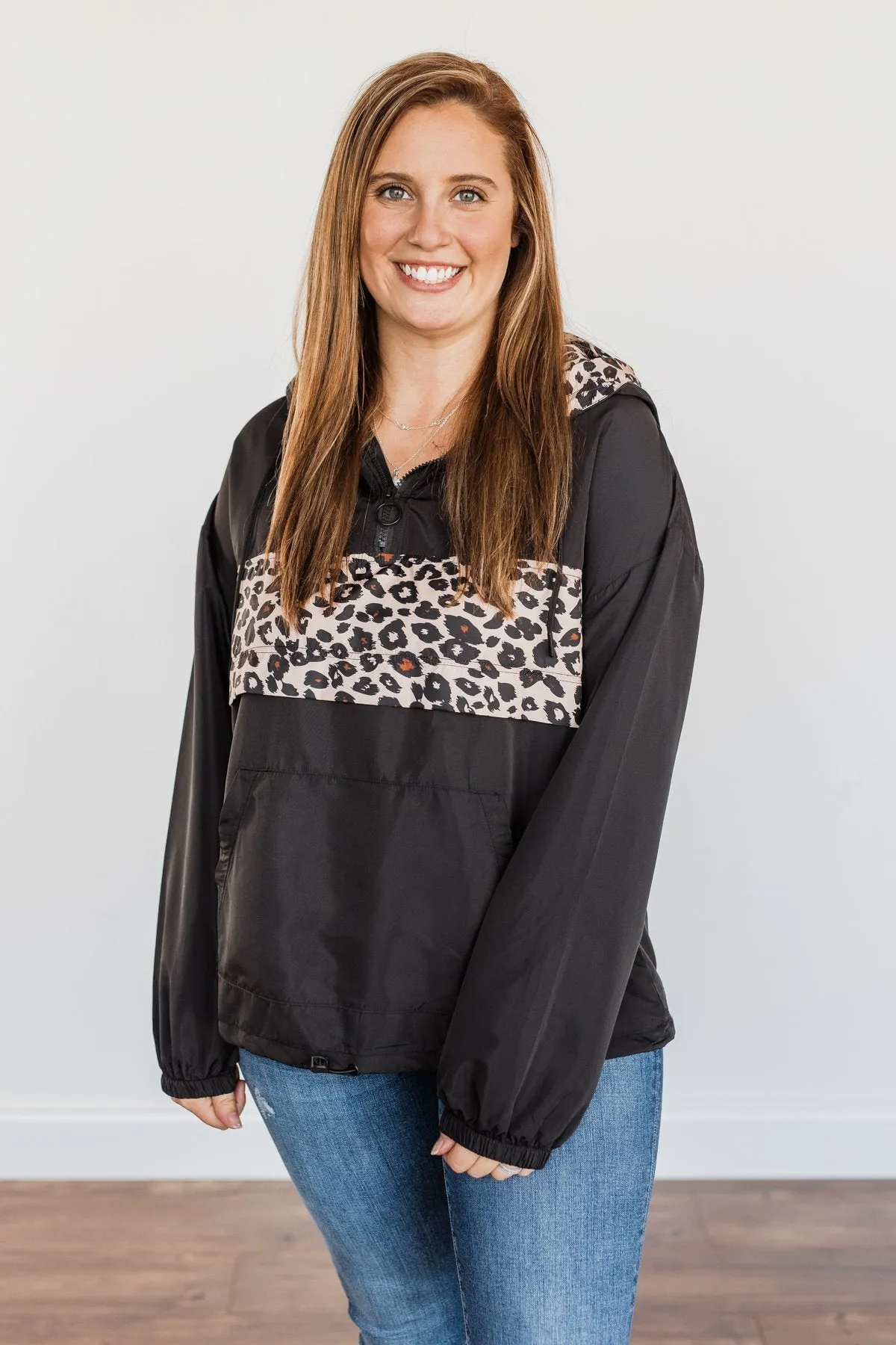 Little Miss Sunshine Drawstring Windbreaker- Black & Leopard