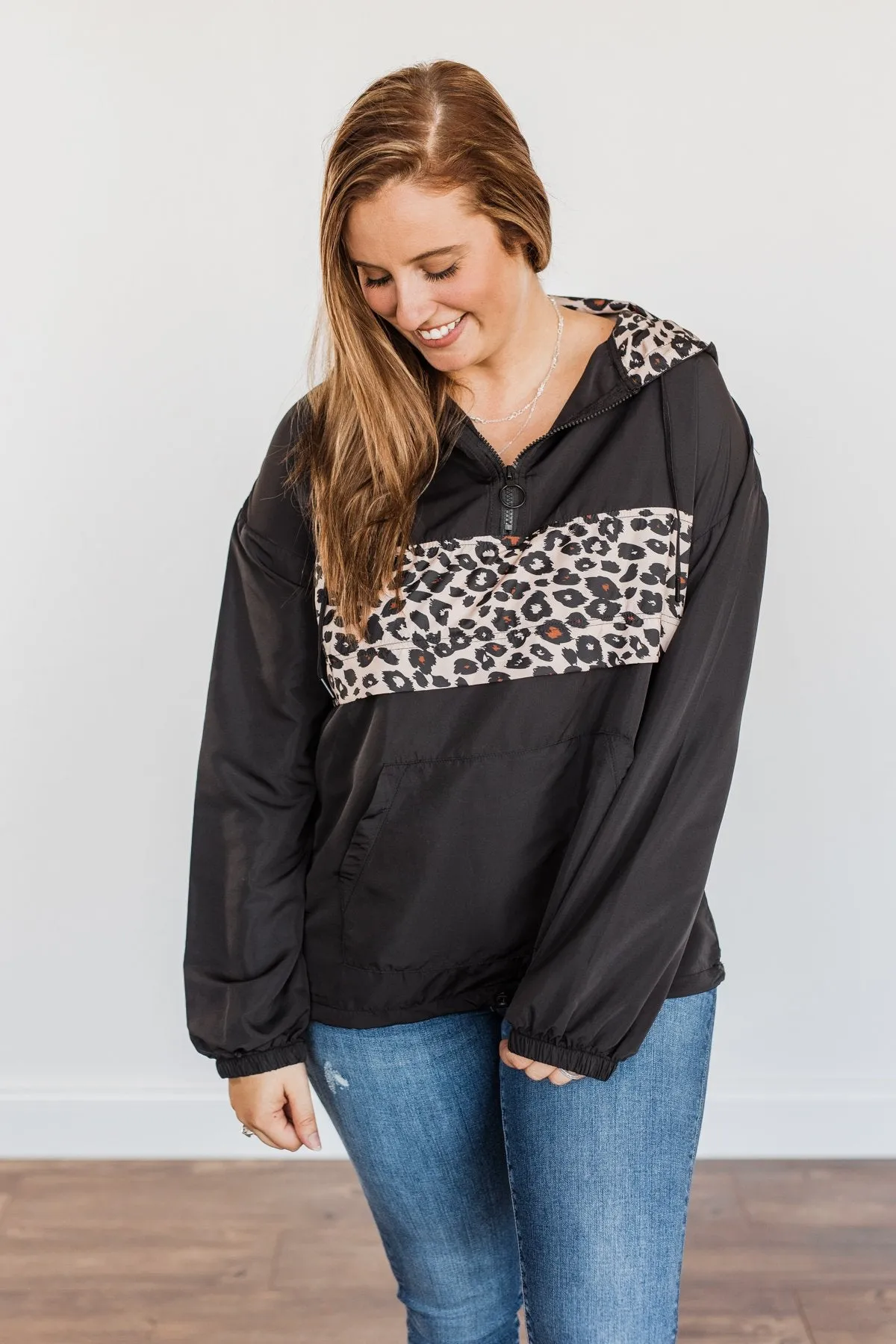 Little Miss Sunshine Drawstring Windbreaker- Black & Leopard