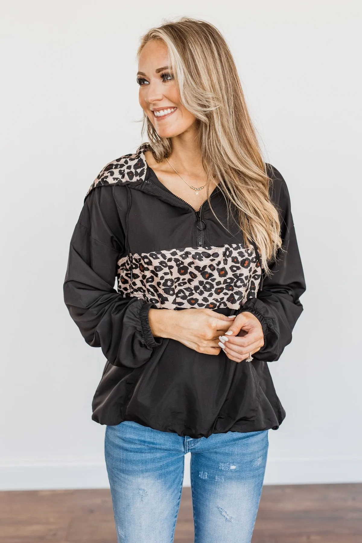 Little Miss Sunshine Drawstring Windbreaker- Black & Leopard