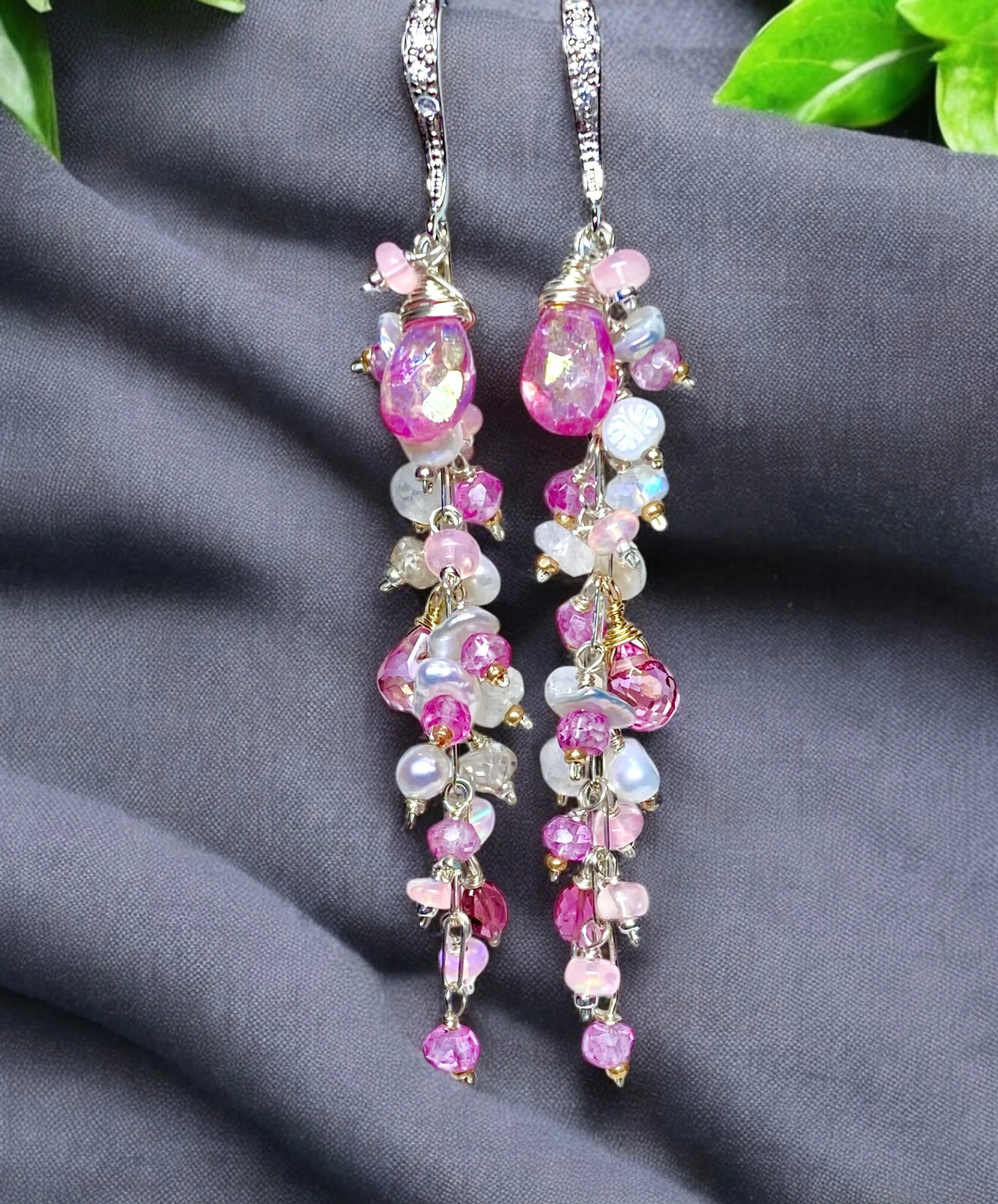 Long Pink Topaz and Pearl Duster Earrings Sterling Silver