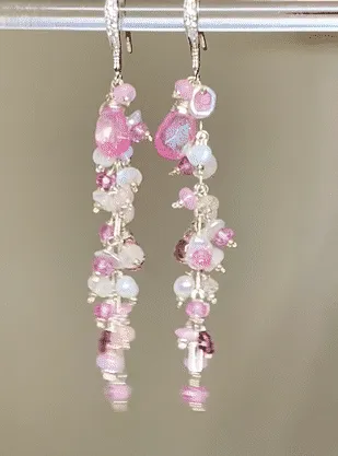 Long Pink Topaz and Pearl Duster Earrings Sterling Silver