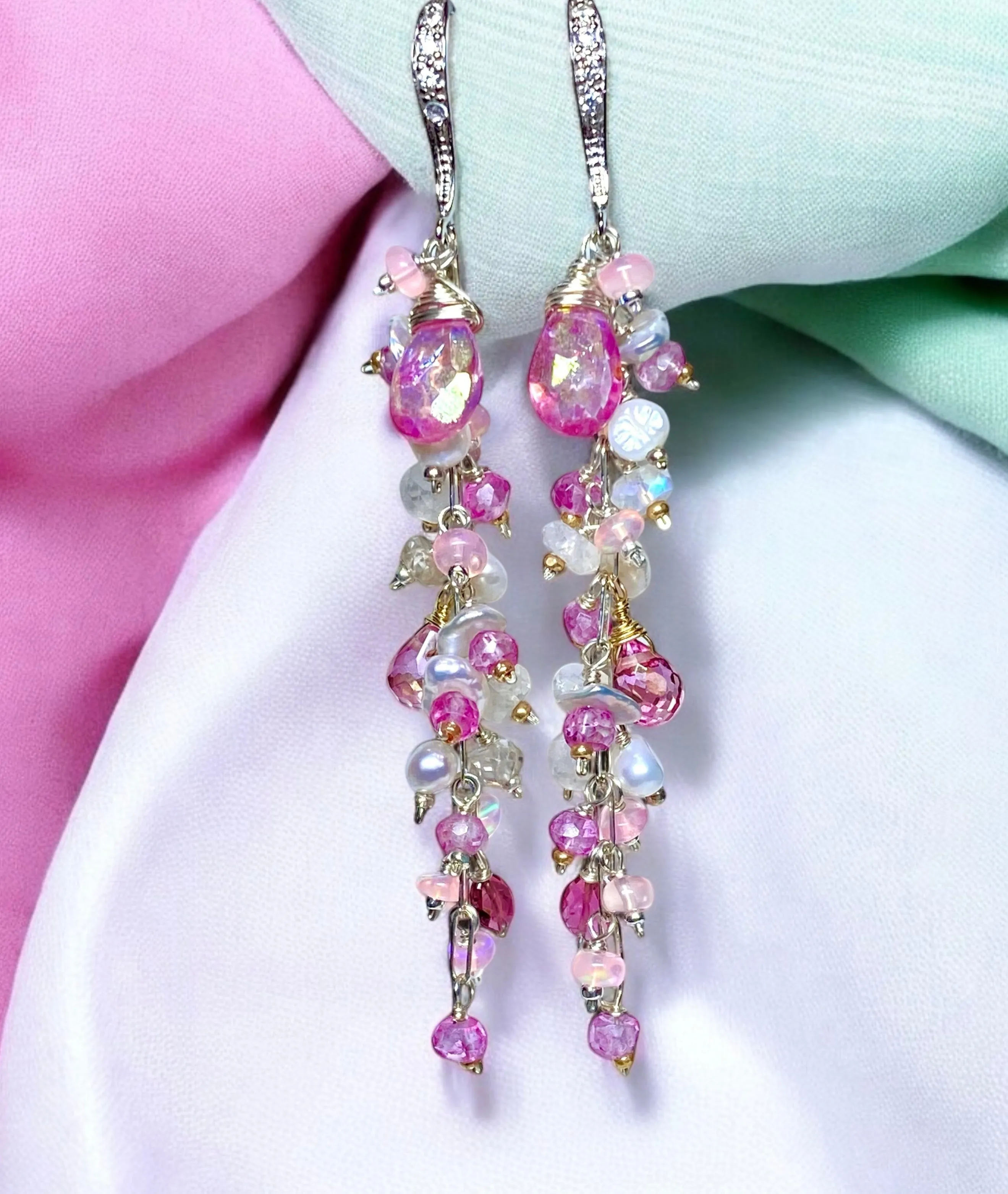 Long Pink Topaz and Pearl Duster Earrings Sterling Silver