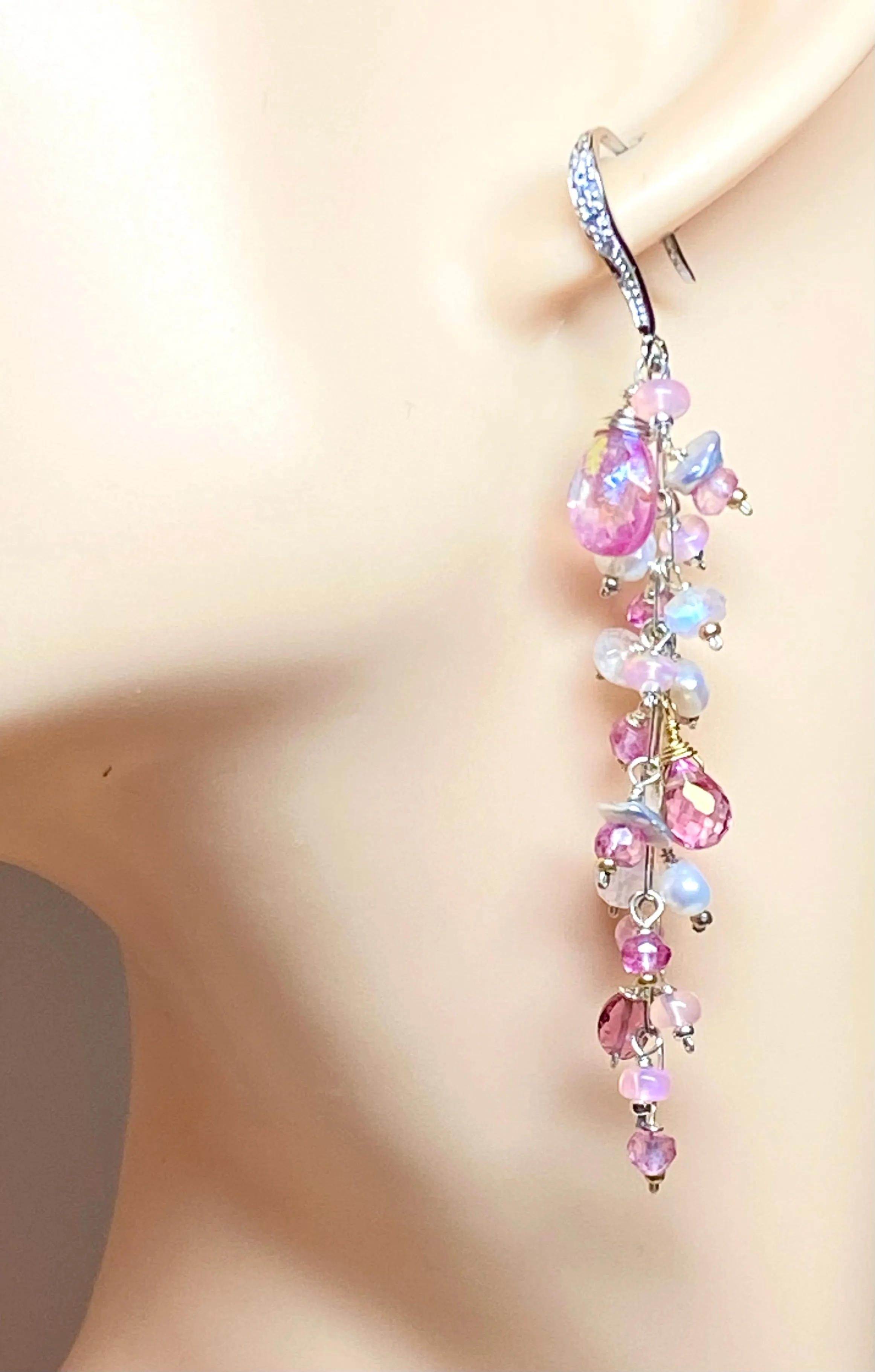 Long Pink Topaz and Pearl Duster Earrings Sterling Silver
