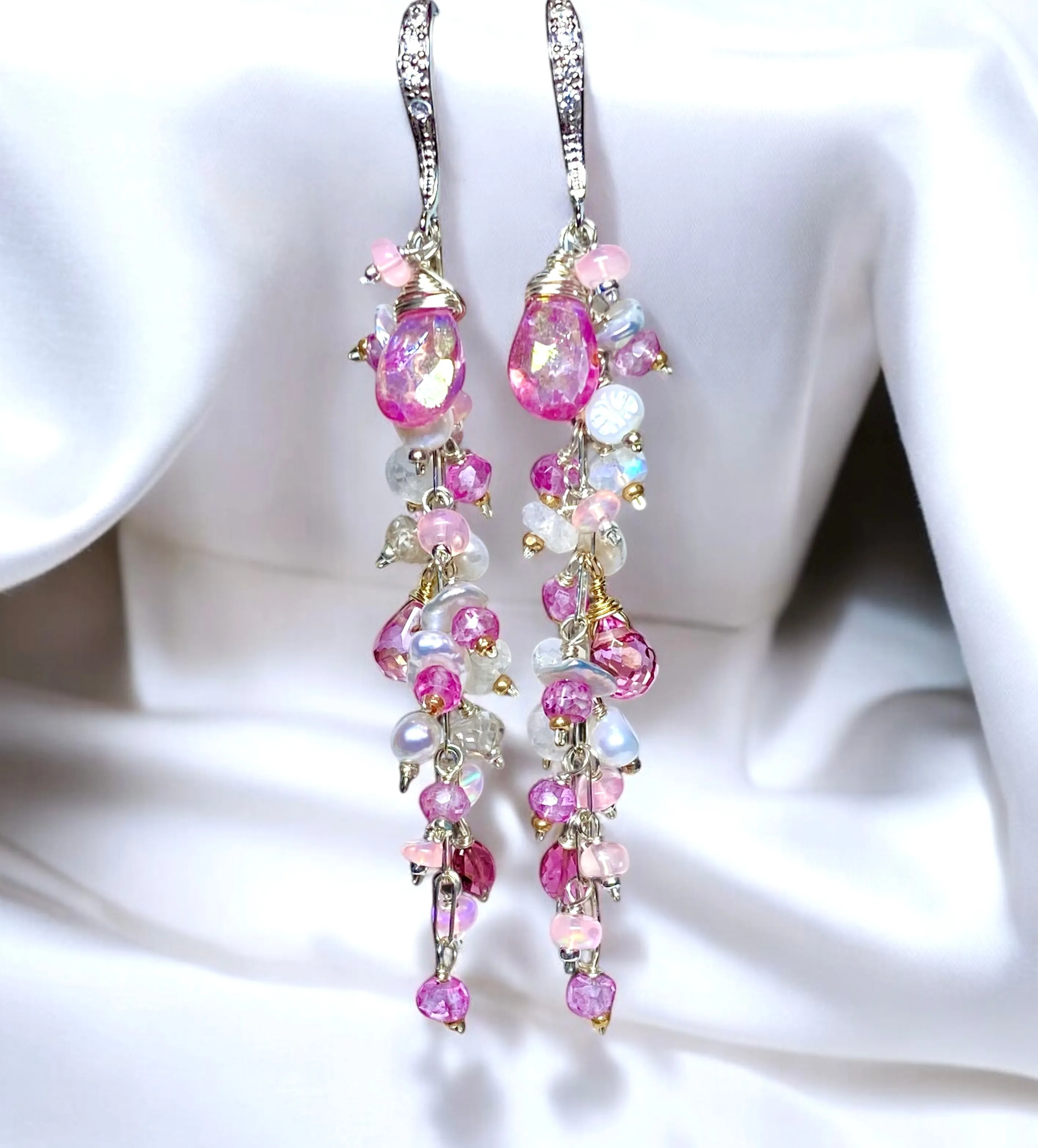 Long Pink Topaz and Pearl Duster Earrings Sterling Silver
