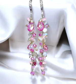 Long Pink Topaz and Pearl Duster Earrings Sterling Silver