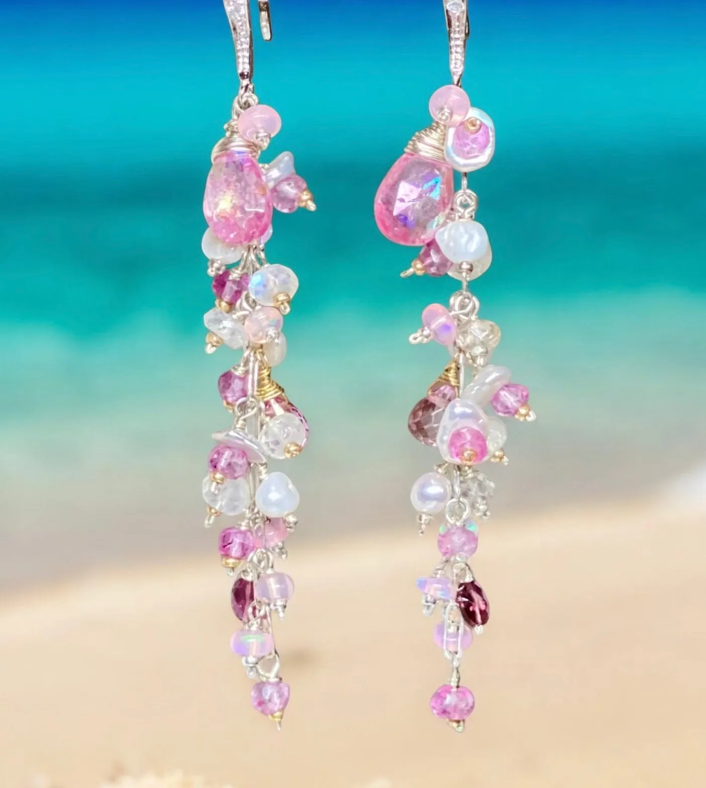 Long Pink Topaz and Pearl Duster Earrings Sterling Silver
