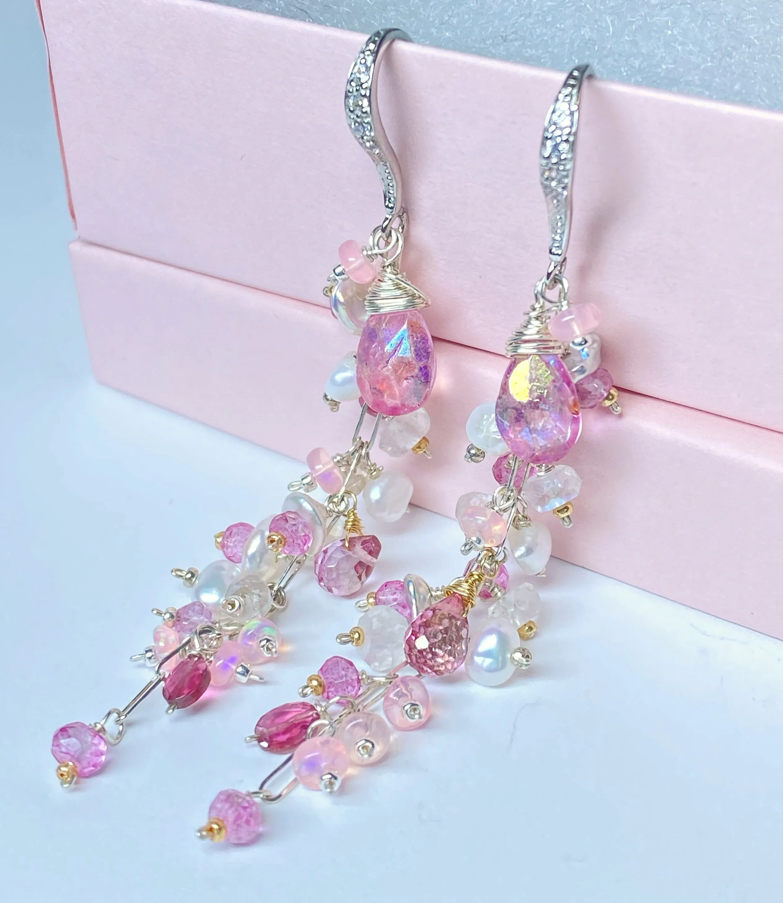 Long Pink Topaz and Pearl Duster Earrings Sterling Silver