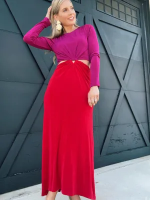 Long Sleeve Maxi Cutout Dress-Red/Magenta