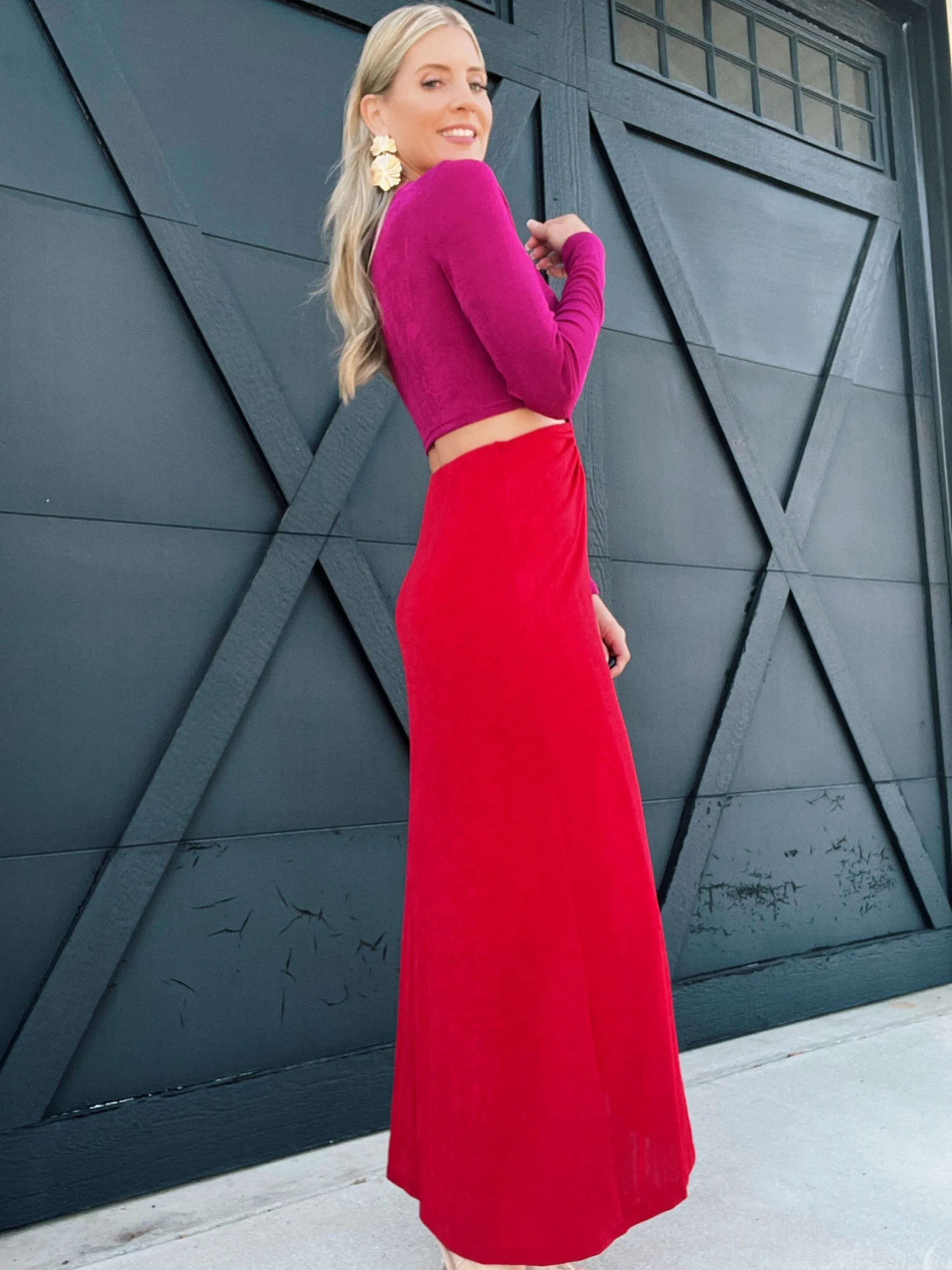 Long Sleeve Maxi Cutout Dress-Red/Magenta