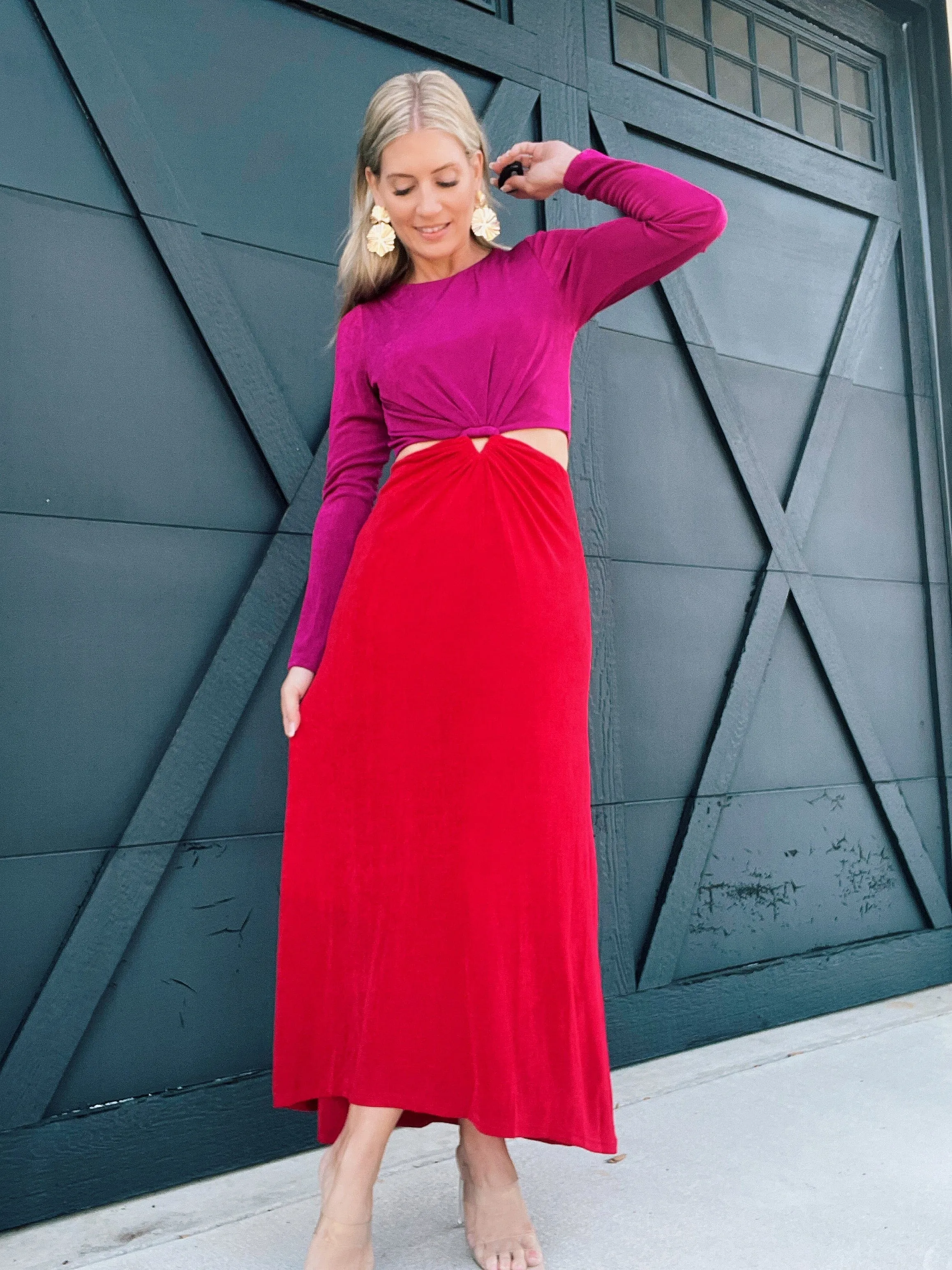 Long Sleeve Maxi Cutout Dress-Red/Magenta