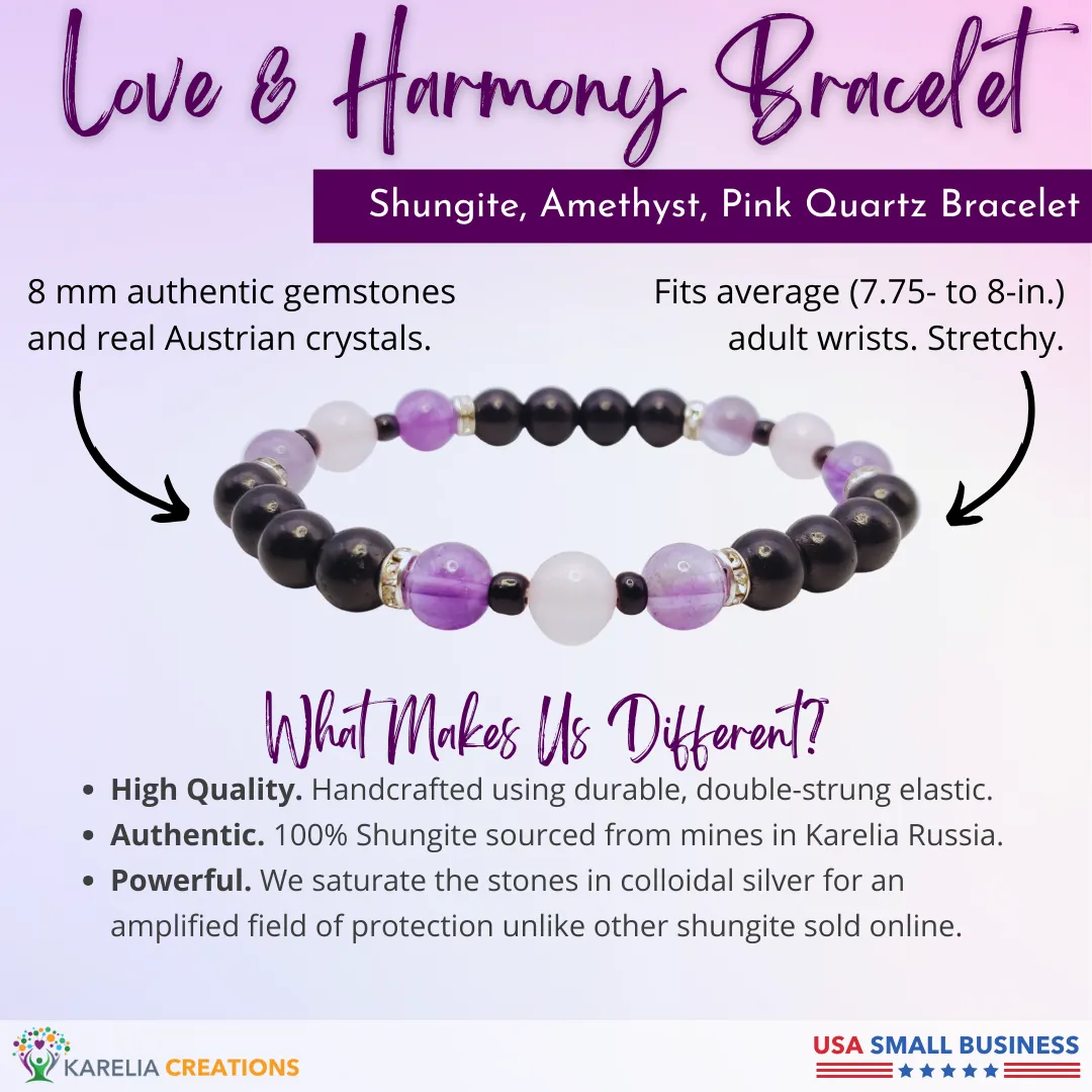 Love, Harmony and Bracelet - Shungite Amethyst Pink Quartz Austrian Crystals