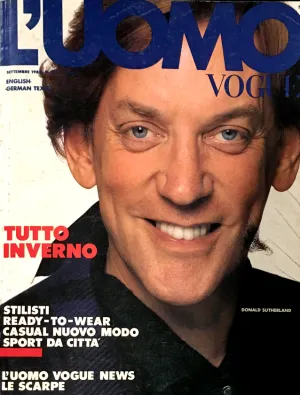 L'UOMO VOGUE Magazine 1985 DONALD SUTHERLAND Aldo Fallai ENGLISH & GERMAN text