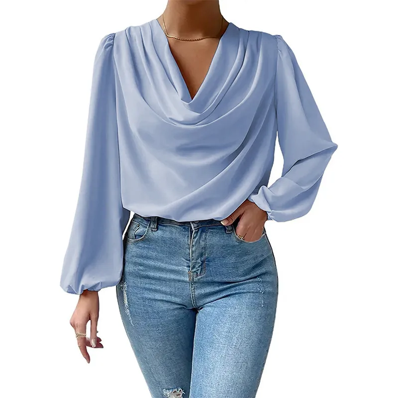 Lustre Draped Cowl Neck Long Sleeve Blouse